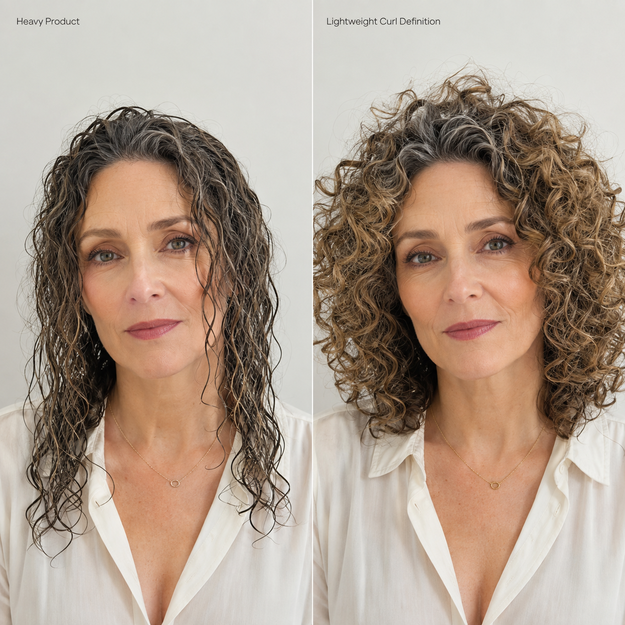 Heavy product weighing curls flat versus lightweight curl definition with bounce